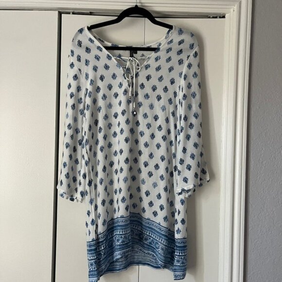 PomPom Bohemian Dress Bell Sleeve Tunic Top White Blue Paisley M - Picture 4 of 4
